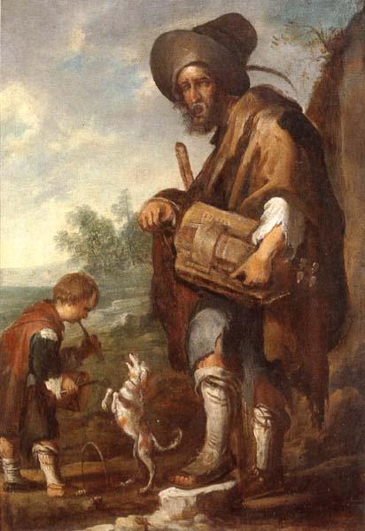 unknow artist A Blind man playing a hurdy-gurdy,together with a young boy playing the drums,with a dancing dog France oil painting art